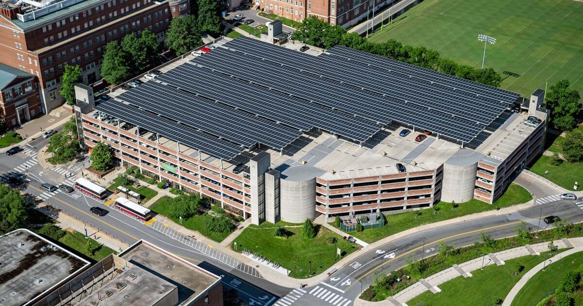 Aerial view of the solar canopy on top of Regents Drive Parking Garage
