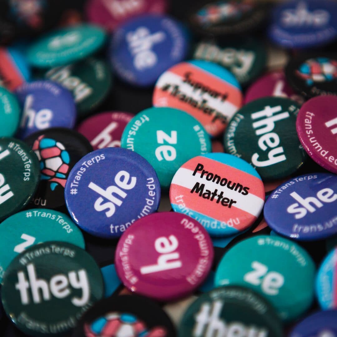Small buttons of all different colors with different pronouns on them including they, she, he, ze, and others.