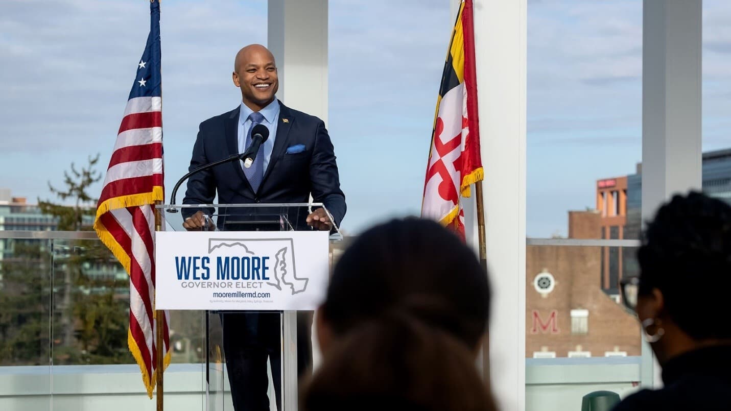Maryland Governor Wes Moore speaking on campus